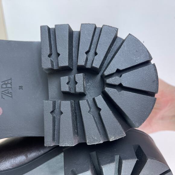 ZARA Brown Leather Ankle Boots Elastic Chunky Heel Track Sole Women 38 7.5 NEW - Picture 6 of 6